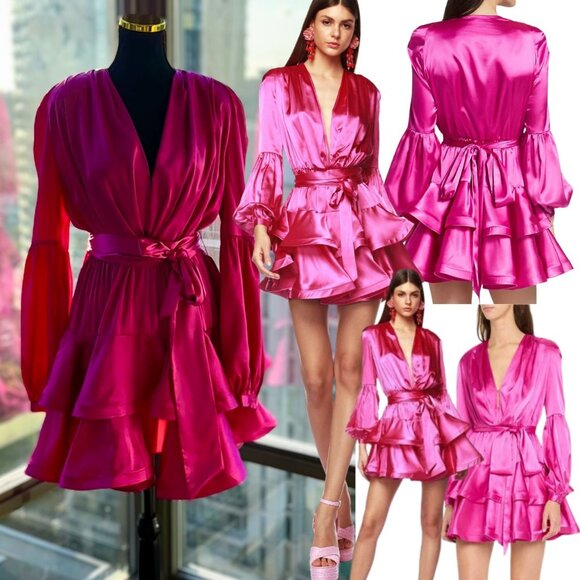 Bronx and Banco Dresses & Skirts - 🆕 BRONX & BANCO 🧿 NWOT Bedouin V-Neck Ruffle Mini Dress, Pink Silk - Size L